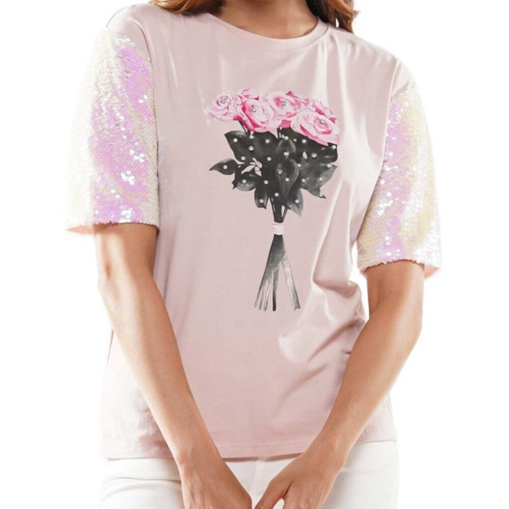 Why Dress Sequin Sleeve Screen Printed T-Shirt Pink- Small - Picture 1 of 15